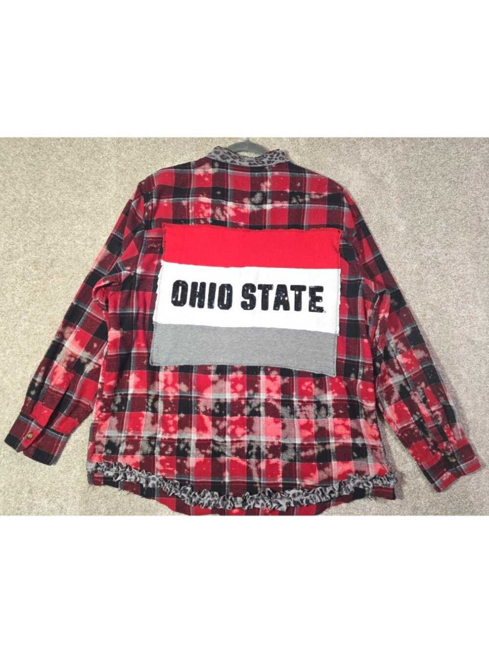 OOAK Upcycled Flannel Shacket Shirt Ohio State Distressed Sequins Boyfriend's XL